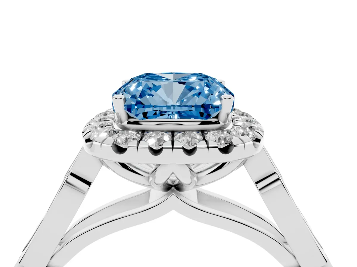 Fancy Blue Cushion Cut Halo Diamond Engagement Ring with Filigree Band and Four-Prong Setting Platinum