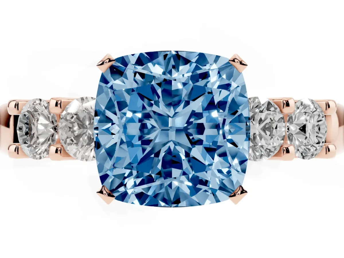 Fancy Blue Cushion Cut Brilliant Cut Diamond Five-Stone Prong Set Engagement Ring with Channel Band Rose gold
