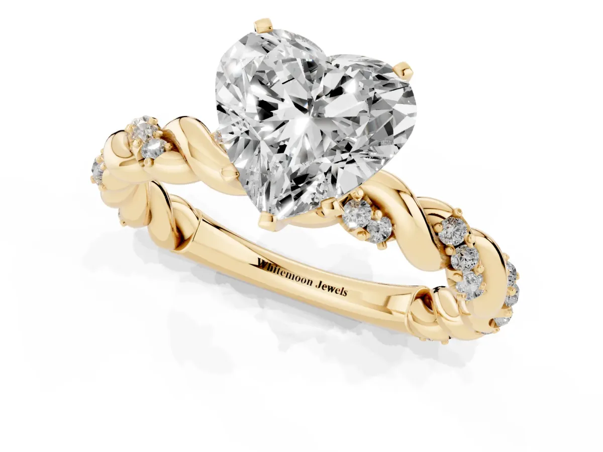 Heart Cut Diamond Solitaire Ring with Twisted Band and Pavé Accents Yellow gold