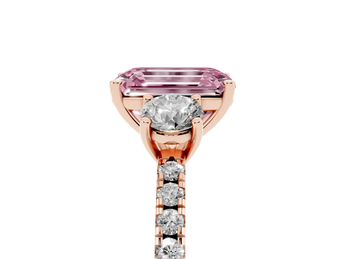 Fancy Pink Three-Stone Emerald Cut Cut Diamond Pavé Band with Prong Setting Rose gold