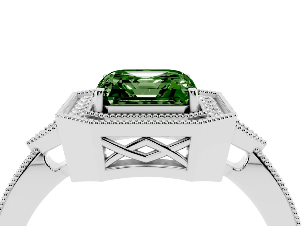 Fancy Green Asscher Cut Halo Round Diamond Milgrain Pave Engagement Ring Silver