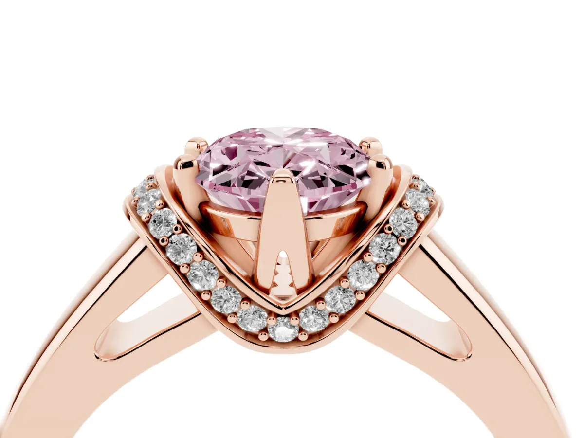 Fancy Pink Oval Cut Solitaire Diamond Ring with Pave Band and Six-Prong Setting Rose gold