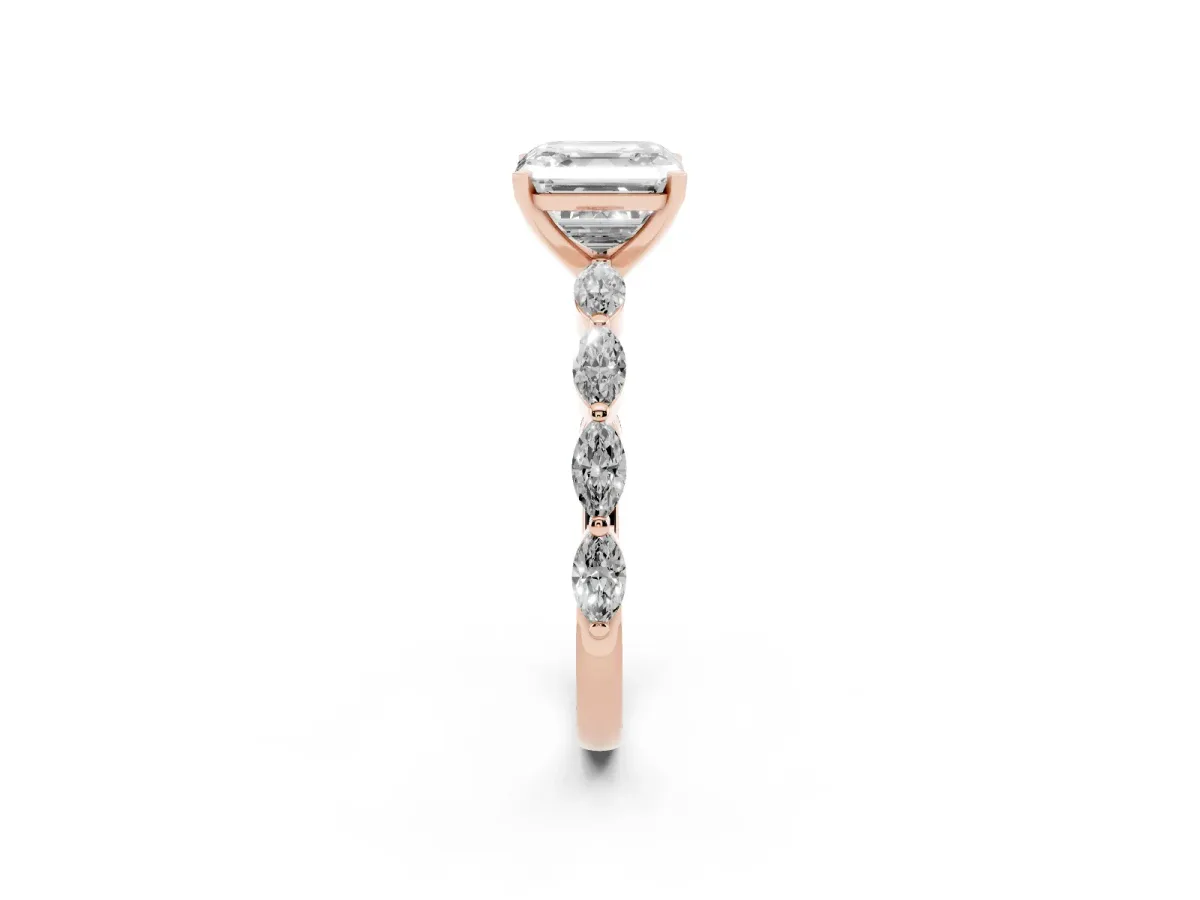 Asscher Cut Diamond Ring with Marquise Side Stones and Prong Setting Rose gold