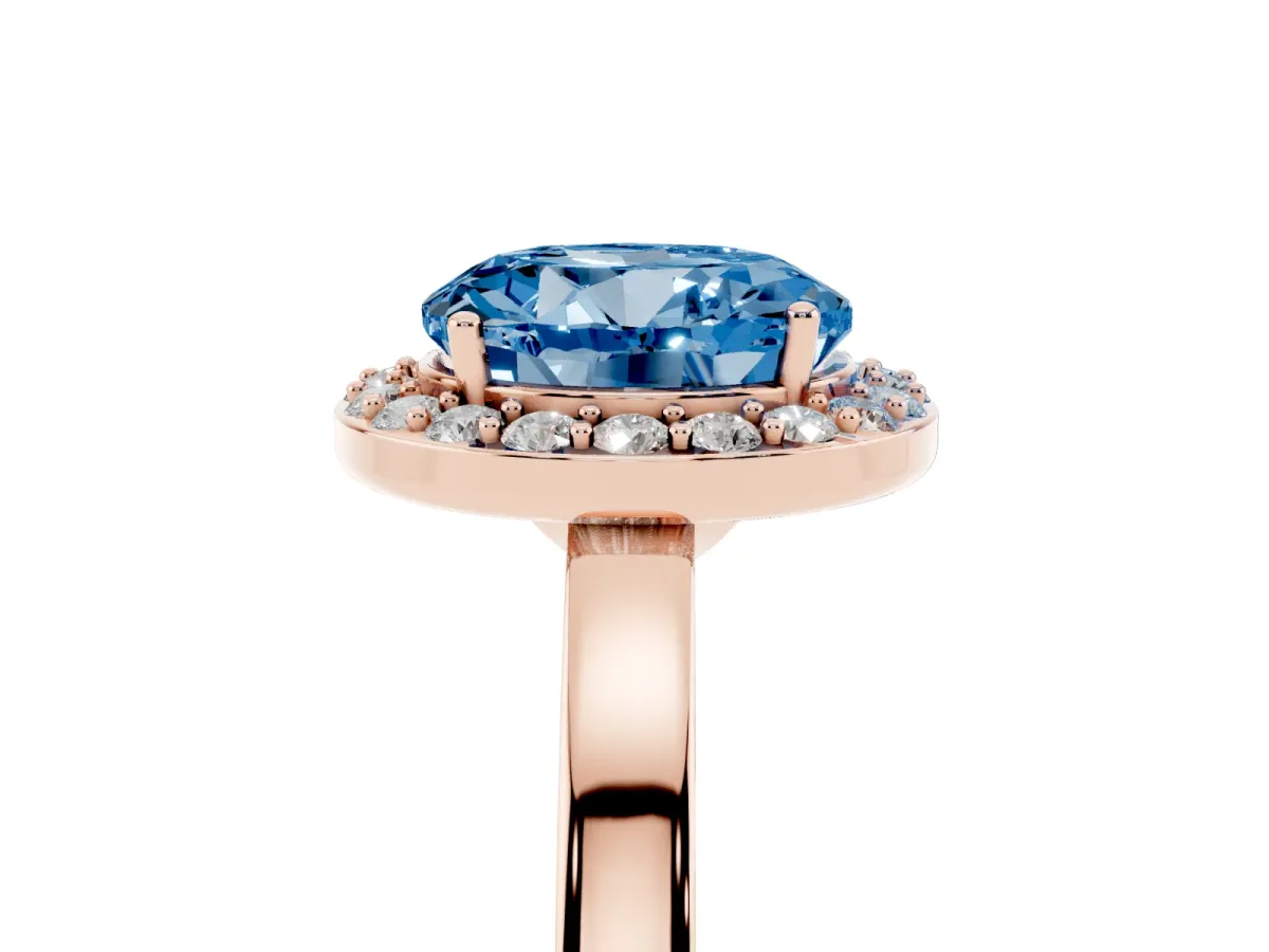Fancy Blue Round Cut Halo Diamond Ring with Solitaire Band and Prong Setting Rose gold