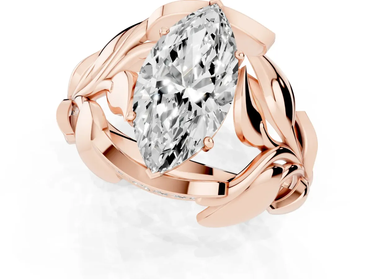 Marquise Cut Diamond Leaf-Inspired Engagement Ring with Round Accents and Prong Setting Rose gold