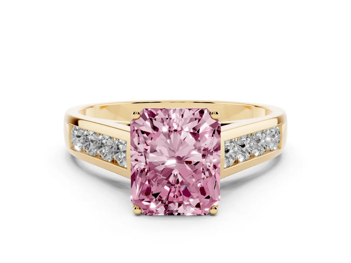 Fancy Pink Radiant Cut Solitaire Channel-Set Diamond Engagement Ring with Four-Prong Setting Yellow gold