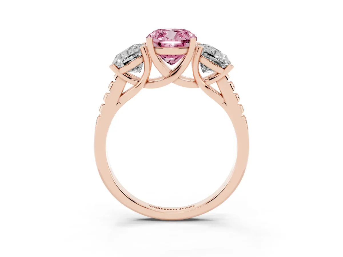 Fancy Pink Three-Stone Cushion Cut Diamond Ring with Round Pavé Band and Prong Setting Rose gold