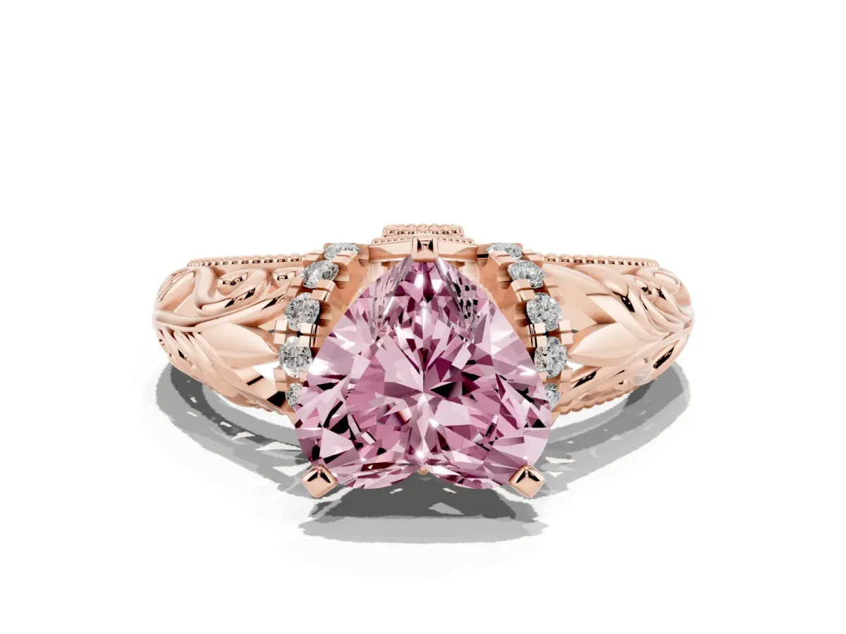 Fancy Pink Heart Cut Solitaire Filigree Engagement Ring with Halo and Prong Setting Rose gold