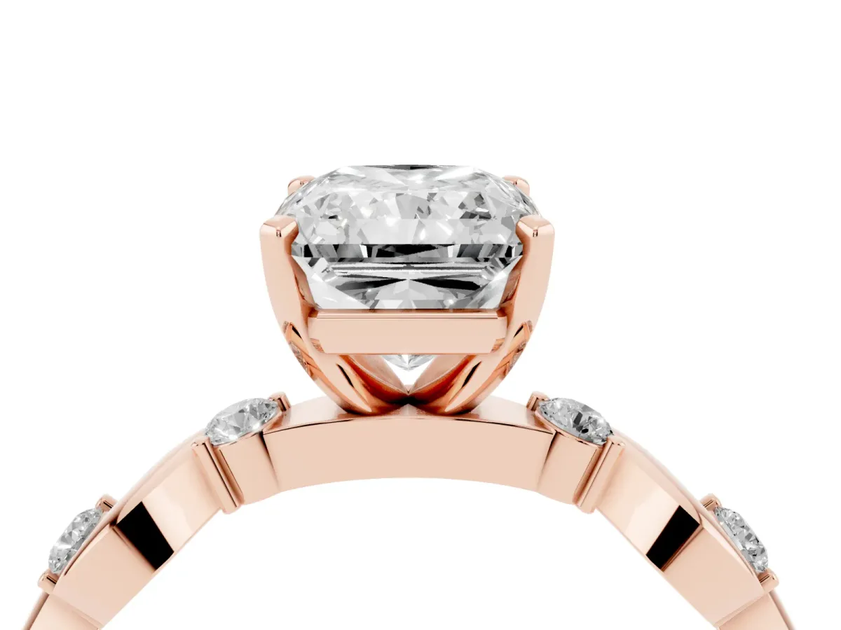 Radiant Cut Diamond Solitaire Twisted Band with Round Accents and Prong Setting Rose gold