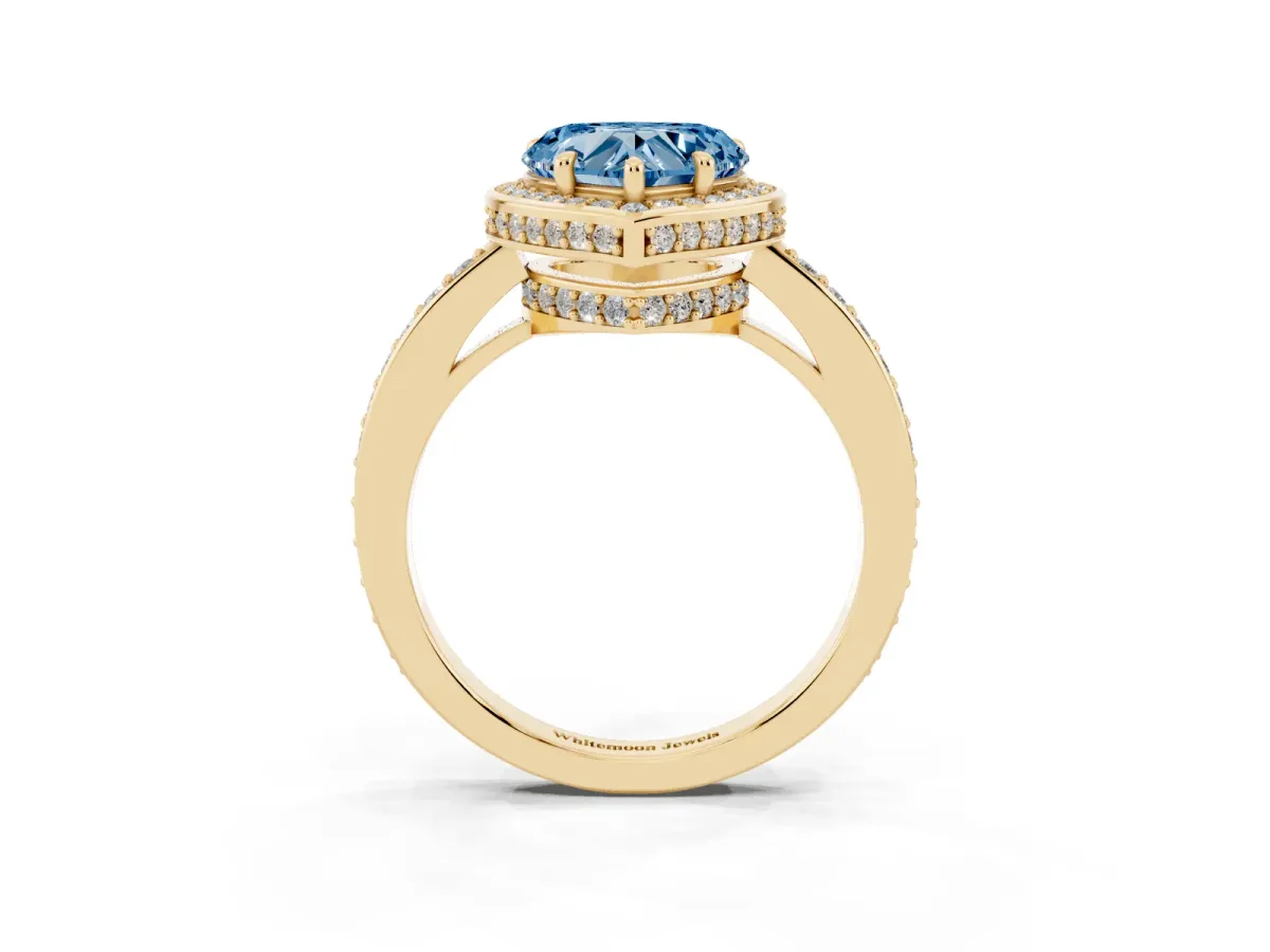 Fancy Blue Heart Cut Halo Pave Band Solitaire Ring with Prong Setting Yellow gold