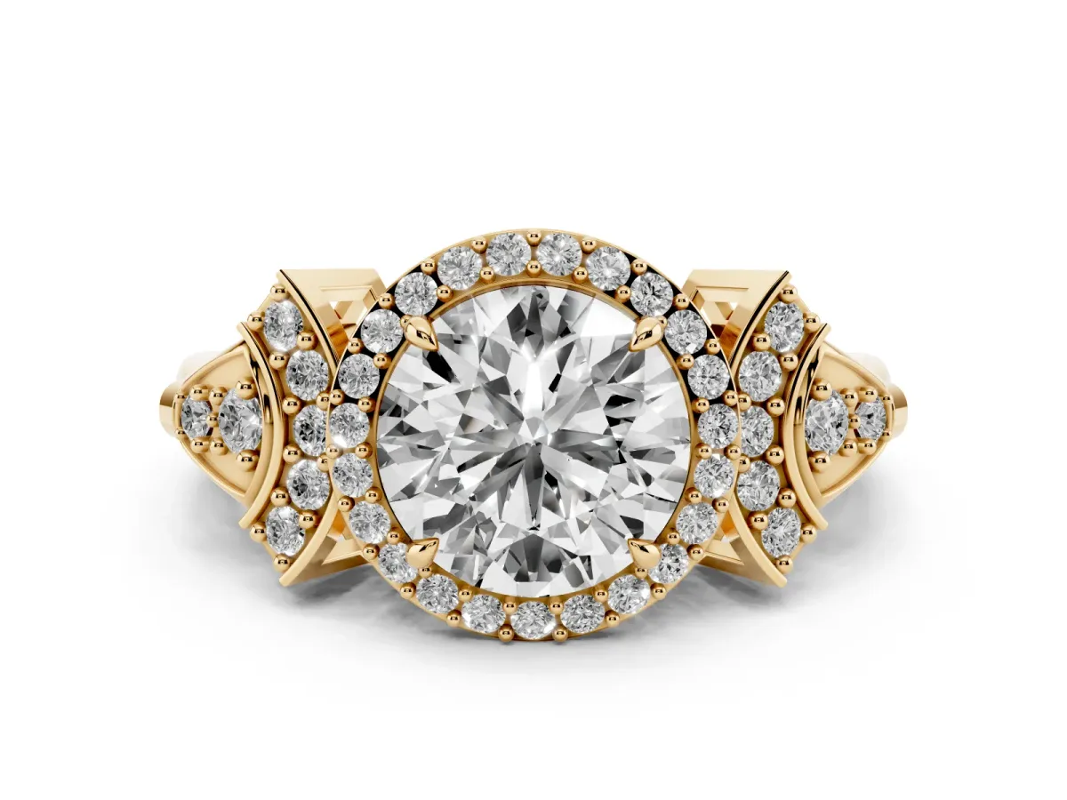 Round Cut Halo Diamond Split Shank Engagement Ring with Four-Prong Setting Yellow gold