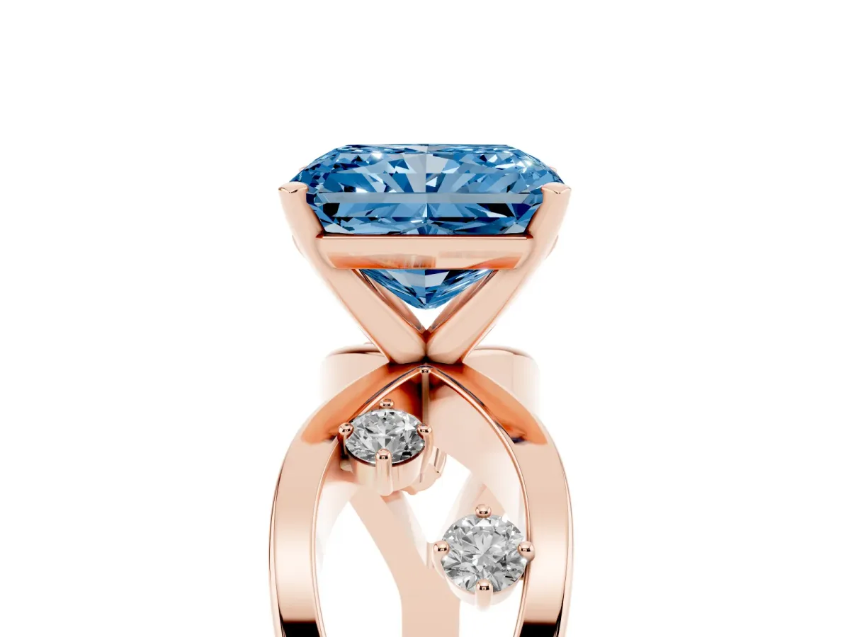Fancy Blue Radiant Cut Cut Solitaire Diamond with Side Stones on Criss-Cross Band and Four-Prong Setting Rose gold