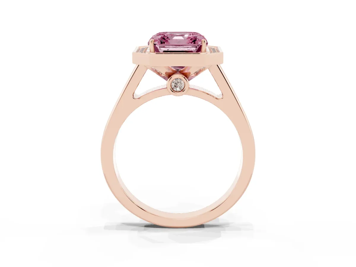 Fancy Pink Asscher Cut Halo Solitaire Diamond Ring with Pave Band and Bezel Setting Rose gold