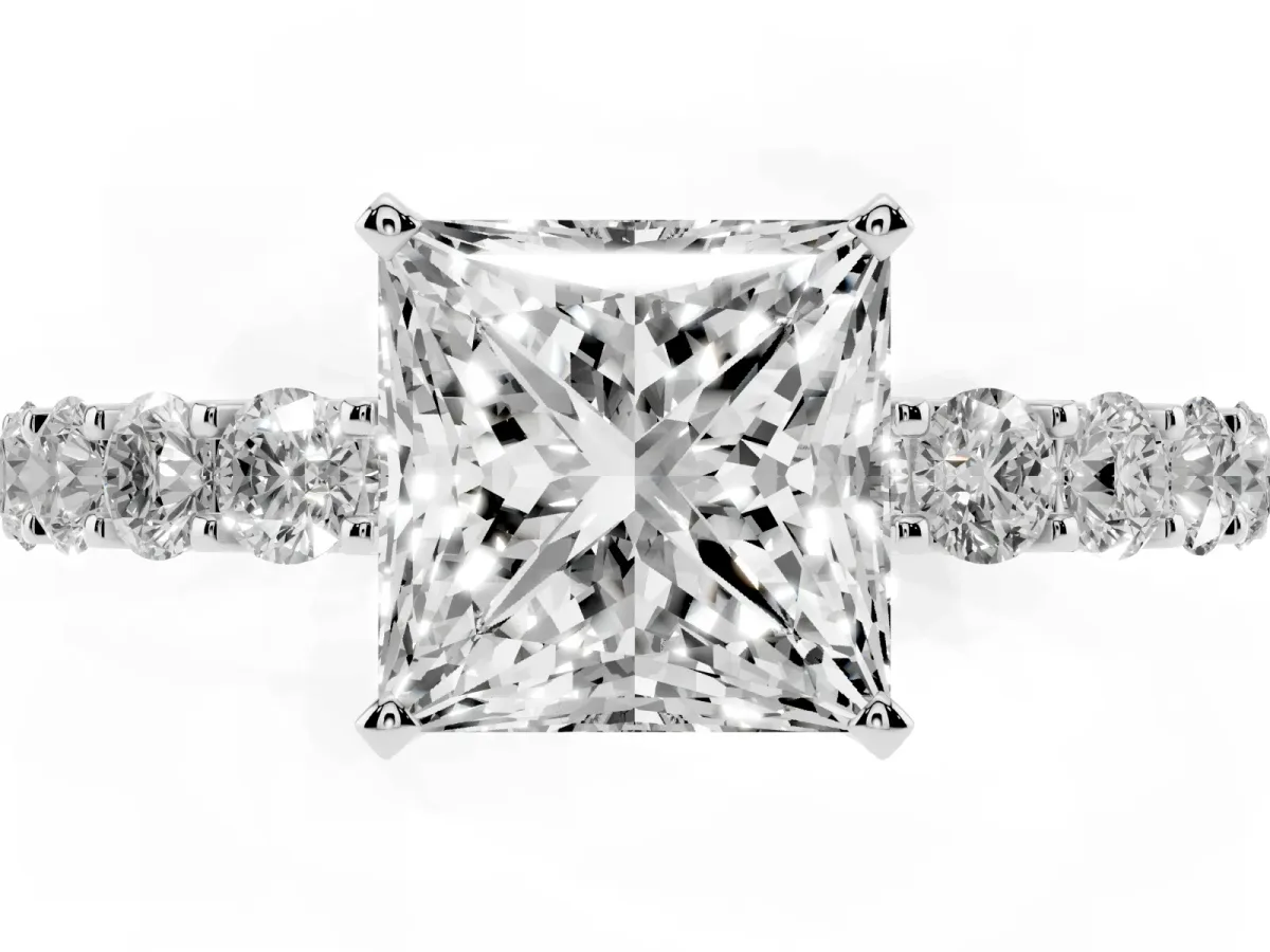 Princess Cut Diamond Solitaire Ring with Shared Prong Pavé Band and Four-Prong Setting Platinum