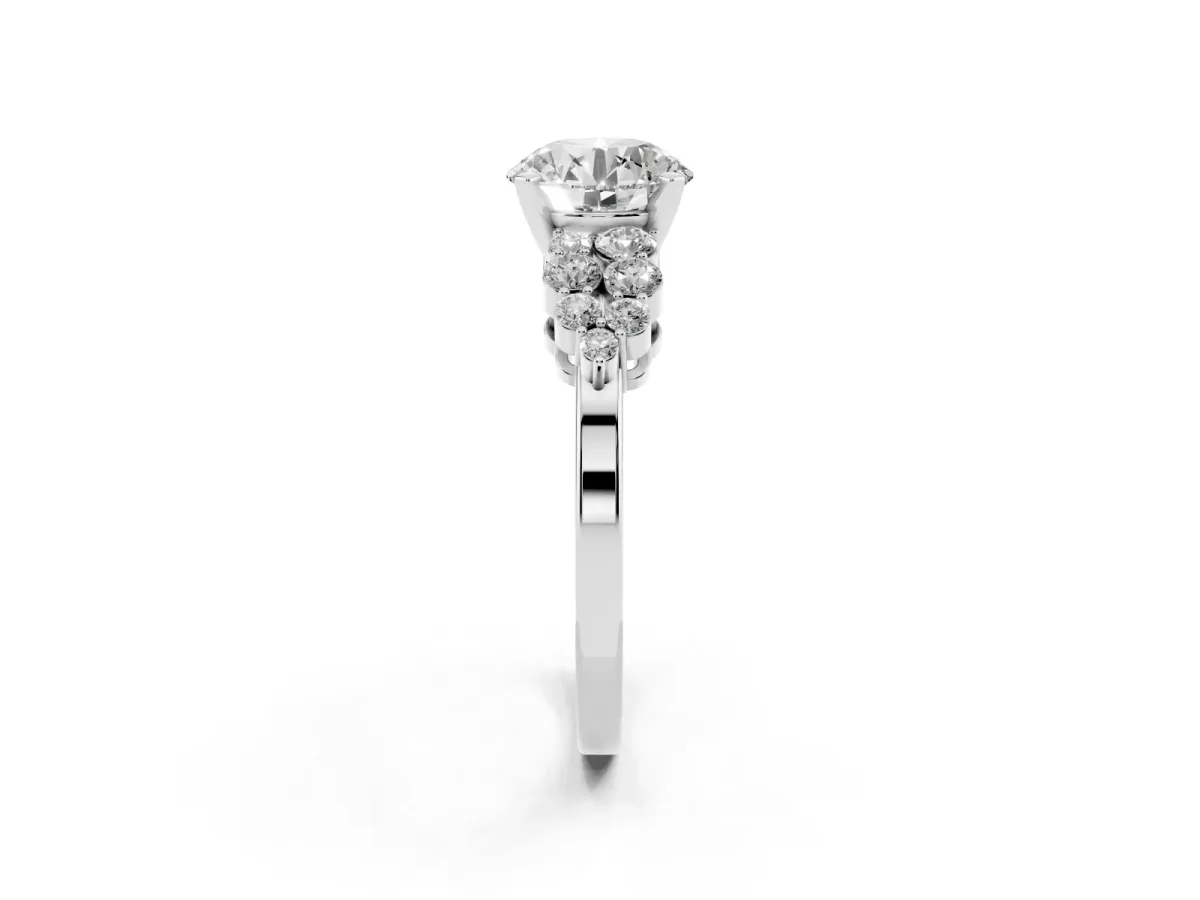 Round Cut Cluster Diamond Engagement Ring with Pavé Band and Four-Prong Setting Silver