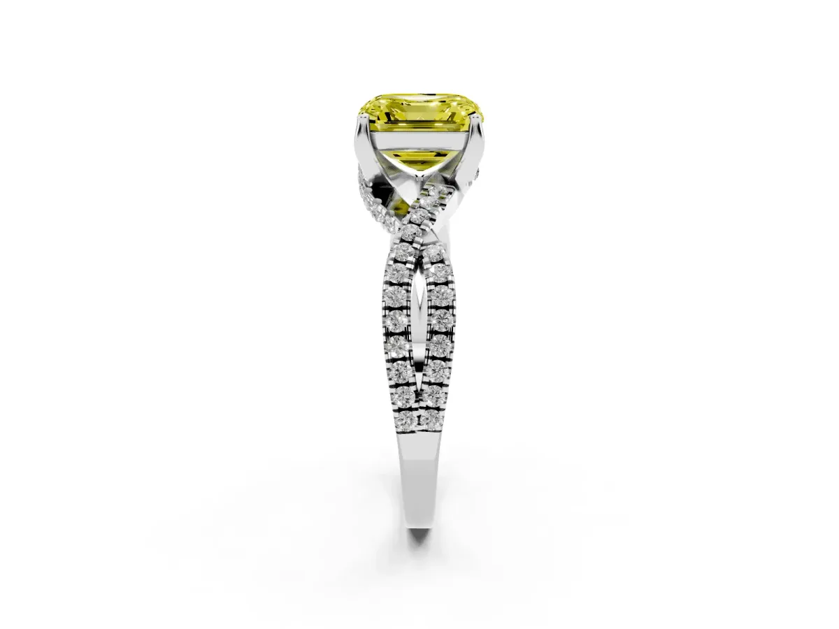 Fancy Yellow Asscher Cut Solitaire Twist Pave Diamond Engagement Ring with Prong Setting Silver