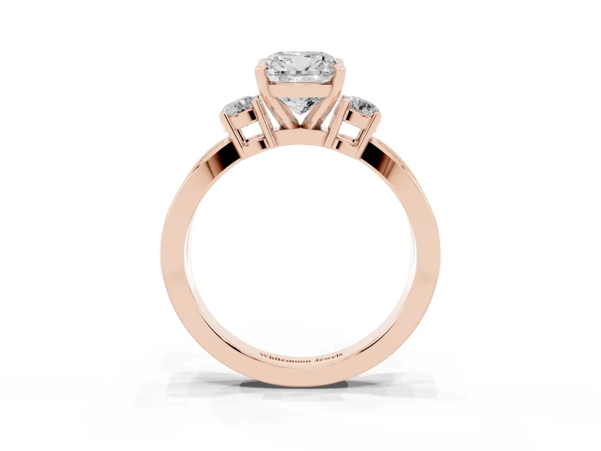 Three-Stone Cushion Cut Cut Diamond Twist Band with Prong Setting Rose gold