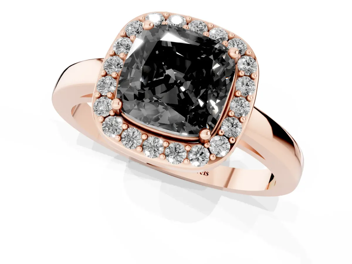 Fancy Black Cushion Cut Halo Diamond Ring with Solitaire Band and Prong Setting Rose gold