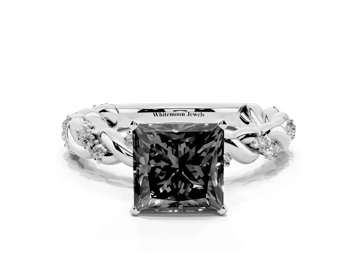 Fancy Black Princess Cut Diamond Solitaire Ring with Twisted Band and Pavé Accents Silver