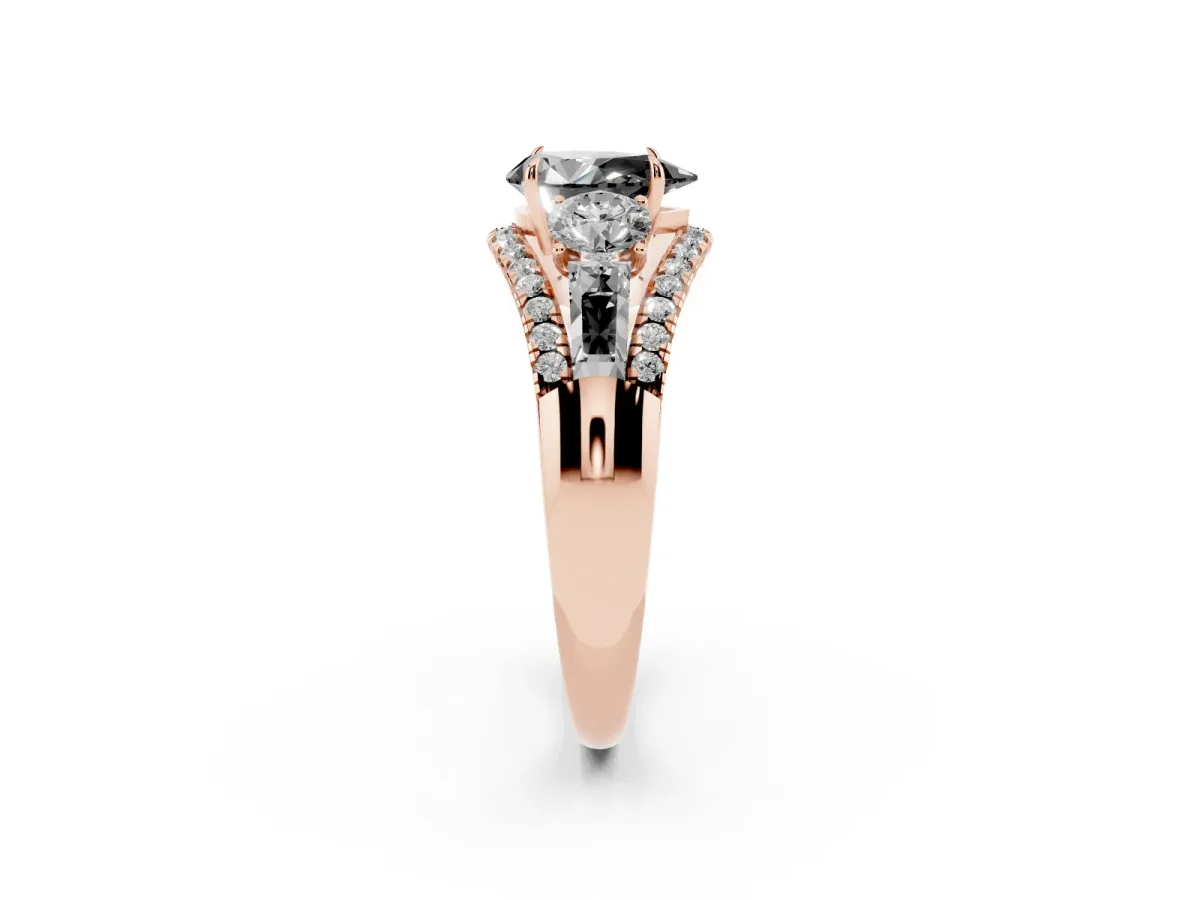 Fancy Black Three-Stone Pear Cut Diamond Engagement Ring with Pave Band and Prong Setting Rose gold