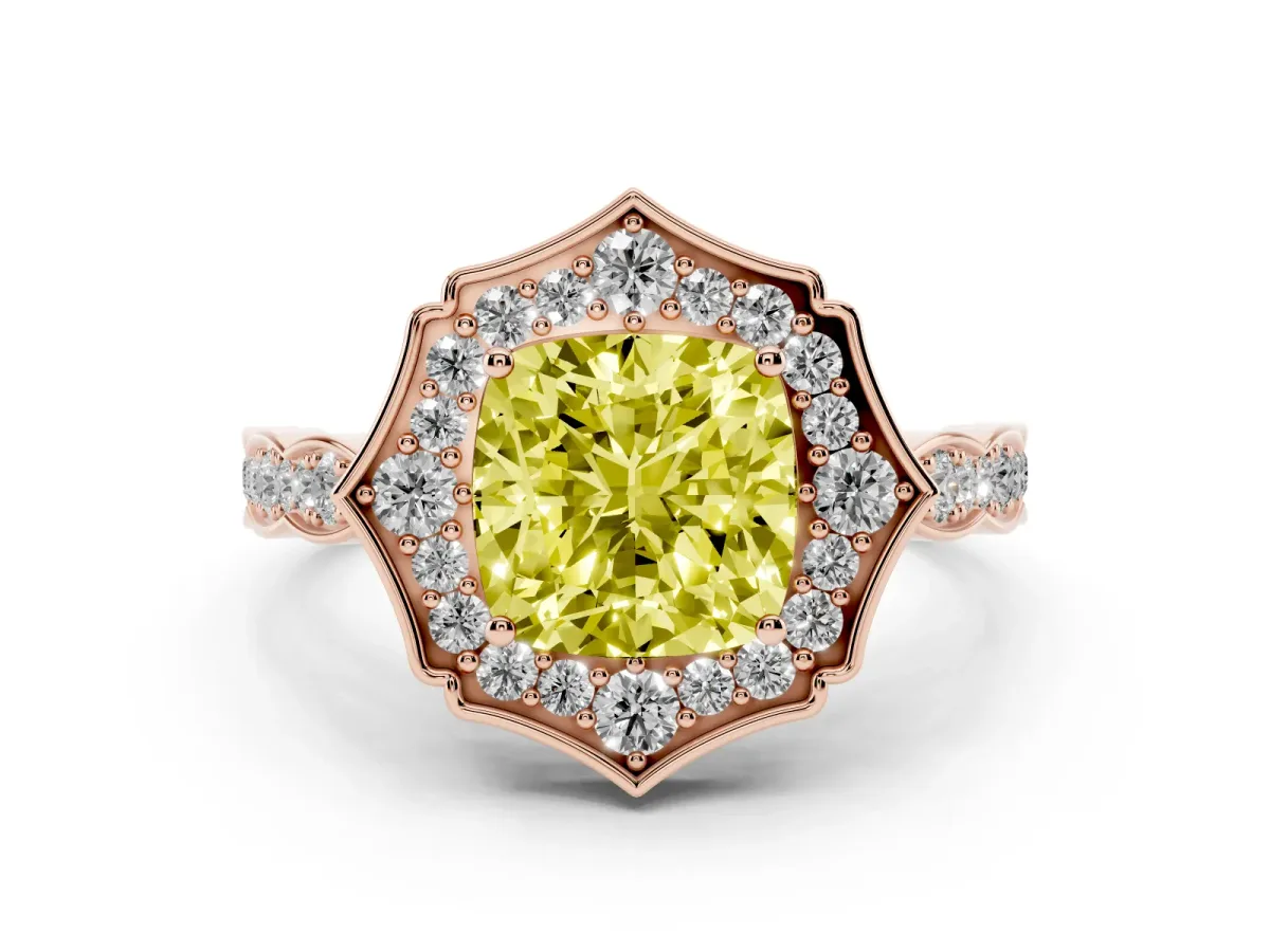 Fancy Yellow Cushion Cut Halo Diamond Engagement Ring with Milgrain Band and Four-Prong Setting Rose gold