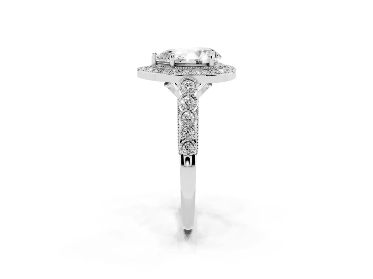 Pear Cut Halo Milgrain Solitaire with Bezel Set Side Stones and Pave Band White gold