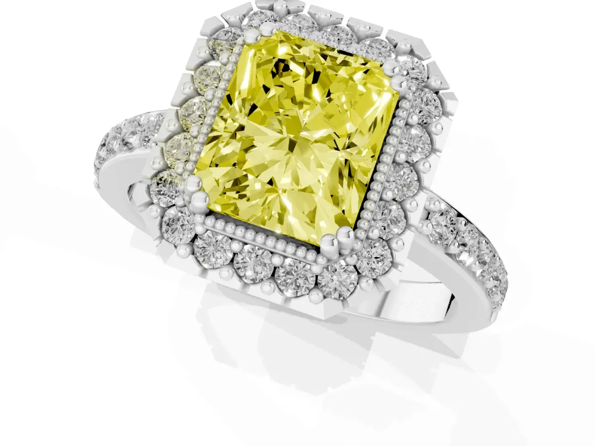 Fancy Yellow Radiant Cut Diamond Halo Ring with Pavé Band and Prong Setting White gold