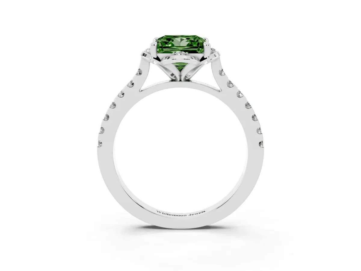 Fancy Green Princess Cut Diamond Ring with Pavé Band and Floral Prong Setting White gold