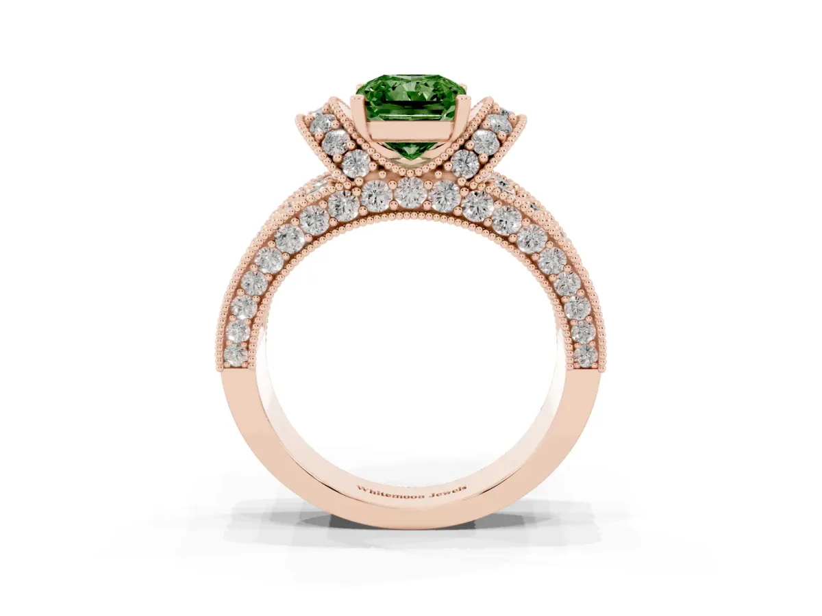 Fancy Green Radiant Cut Halo Pave Diamond Engagement Ring with Milgrain Detailing Rose gold