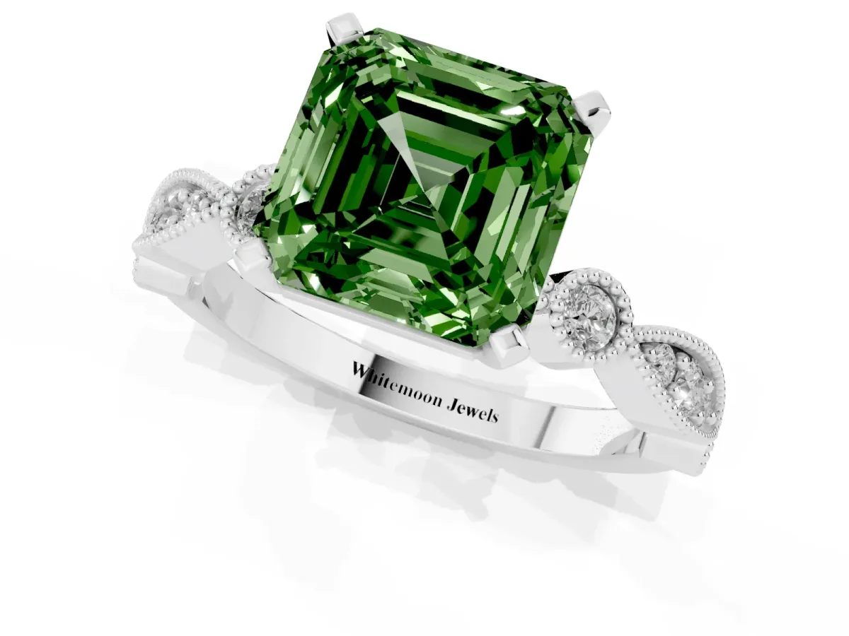 Fancy Green Asscher Cut Milgrain Bezel Diamond Engagement Ring with Solitaire Prong Setting Silver