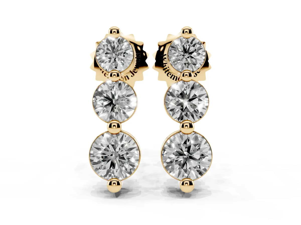 Three-Stone Round Diamond Drop Earrings with Prong Setting on White Gold Yellow gold