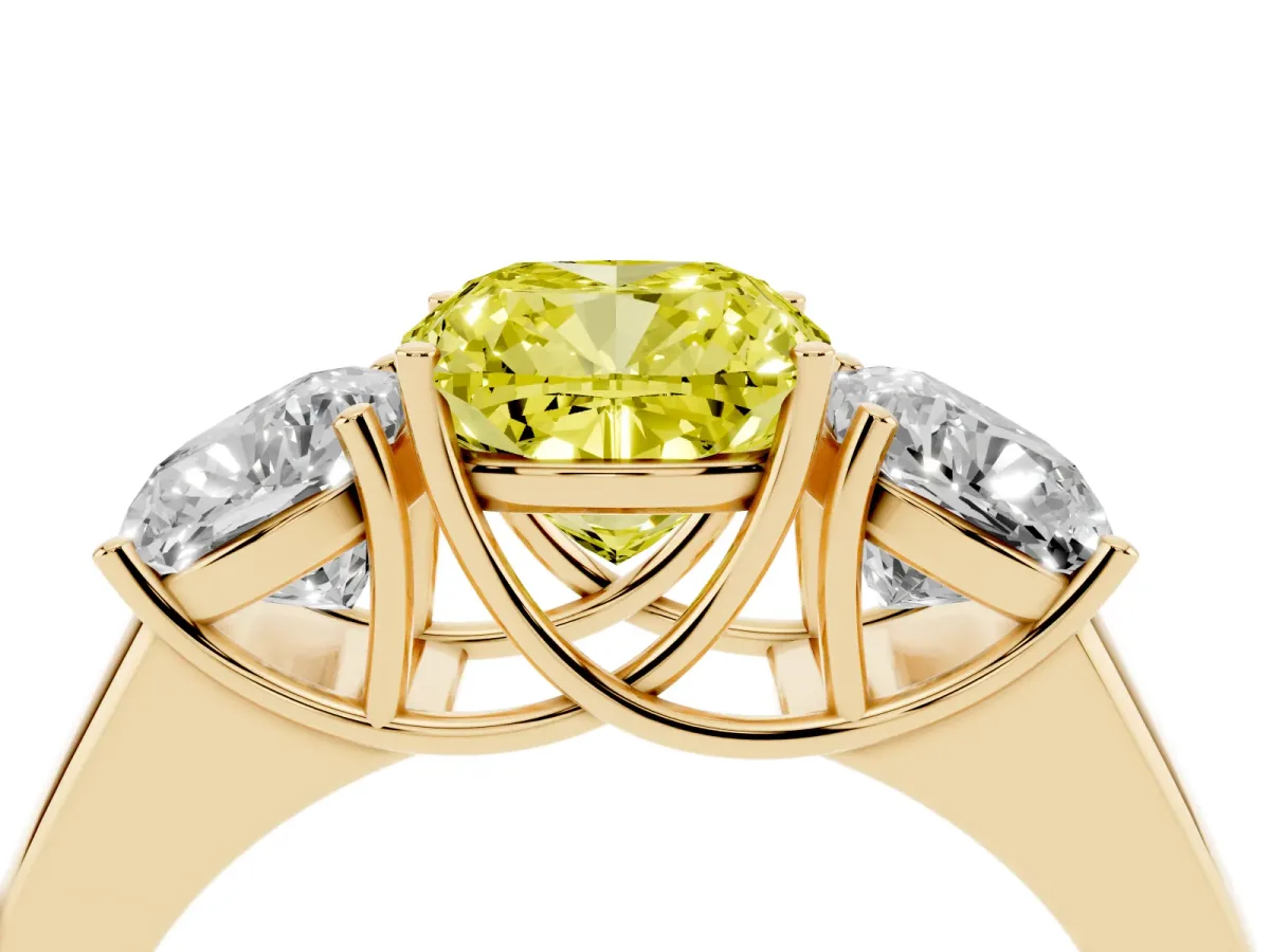 Fancy Yellow Three-Stone Cushion Cut Cut Diamond Ring with Prong Setting and Classic Band Yellow gold