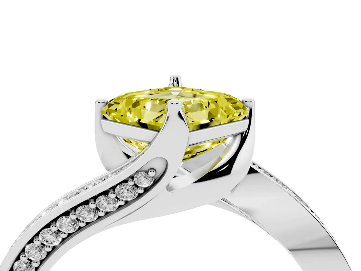 Fancy Yellow Asscher Cut Solitaire Diamond Twist Band with Pavé Setting and Four-Prong Setting Silver