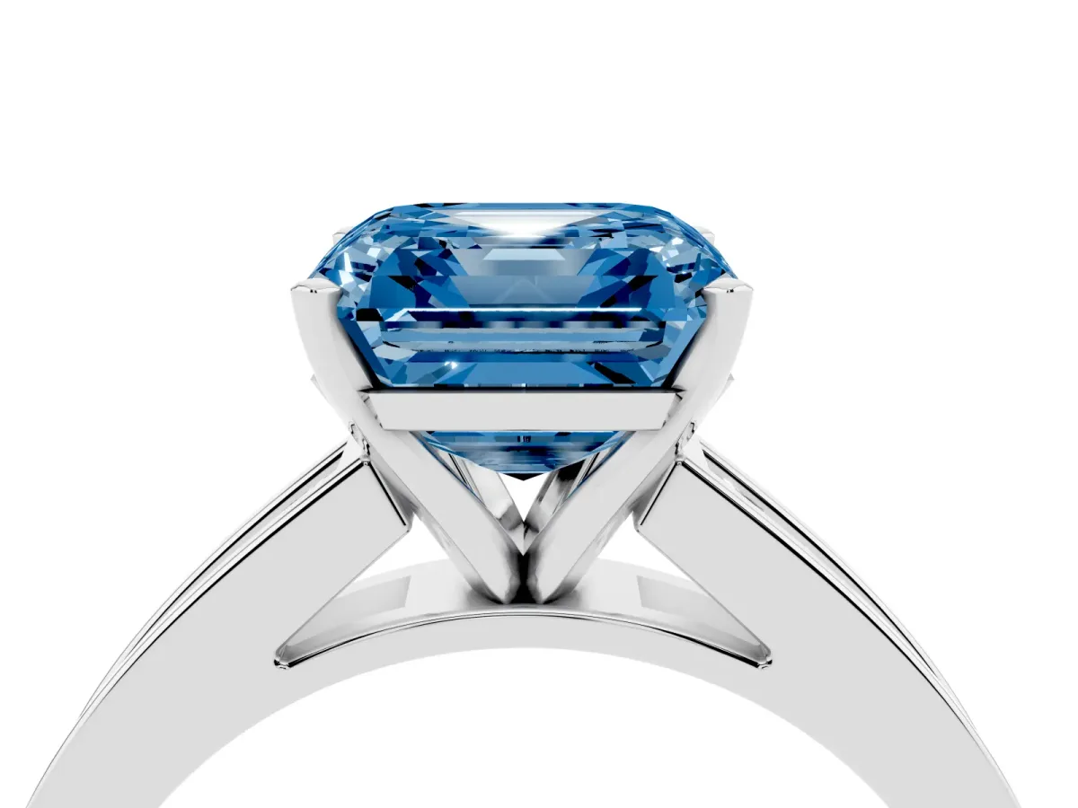 Fancy Blue Asscher Cut Solitaire Diamond Ring with Channel-Set Band and Four-Prong Setting Silver