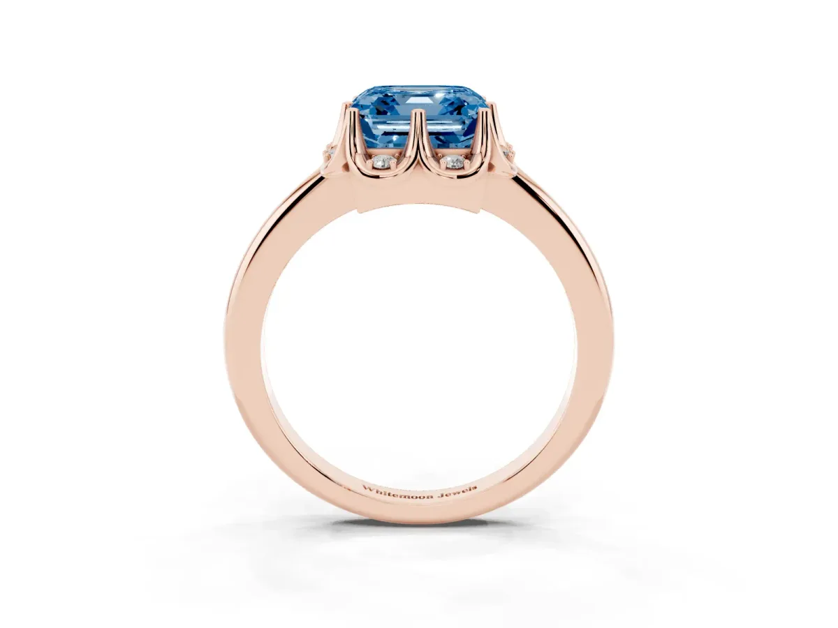 Fancy Blue Asscher Cut Halo Diamond Ring with Round Cluster Setting, Solitaire Band, and Four-Prong Setting Rose gold