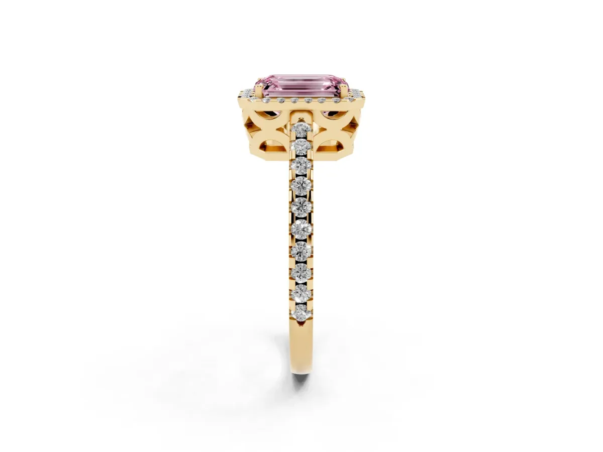 Fancy Pink Emerald Cut Diamond Halo Engagement Ring with Pavé Band and Prong Setting Yellow gold