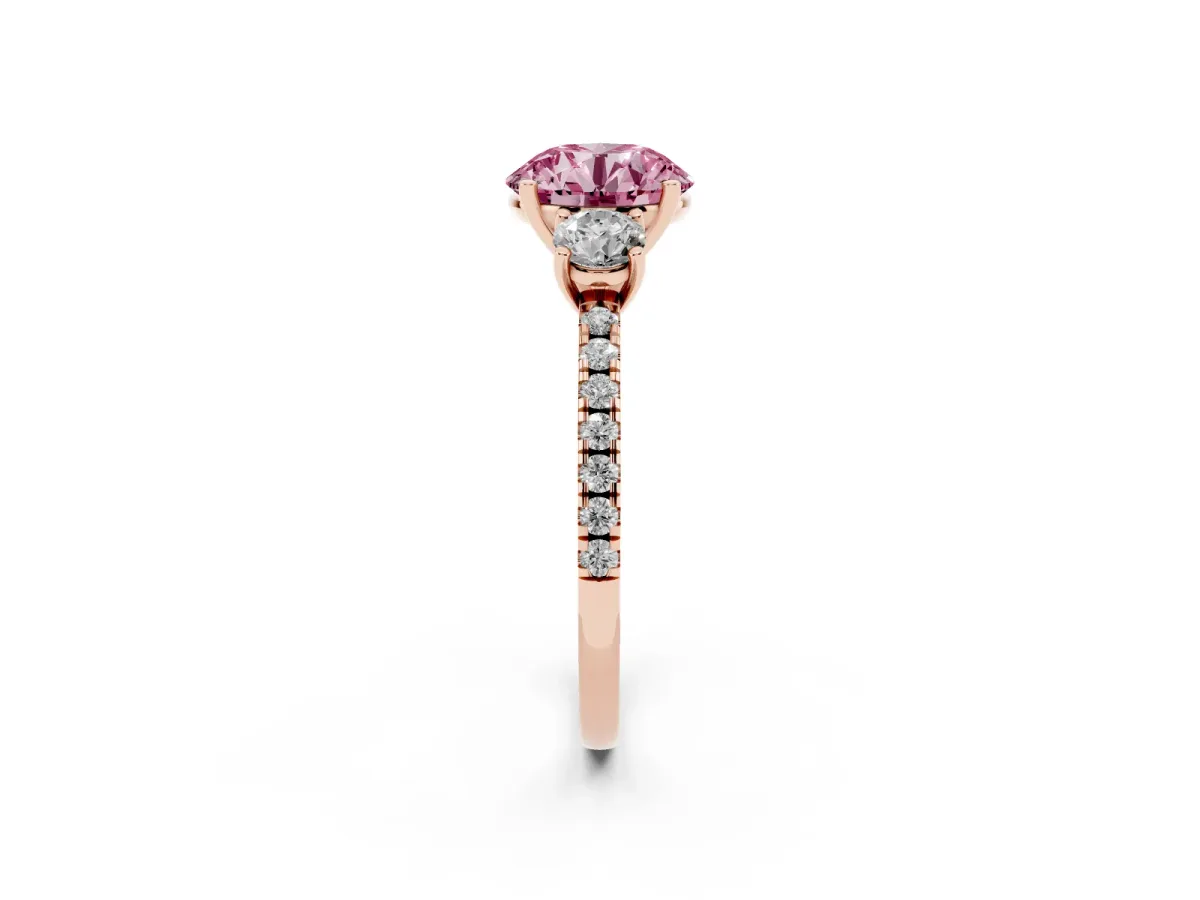 Fancy Pink Three-Stone Round Cut Cut Diamond Pavé Band with Prong Setting Rose gold