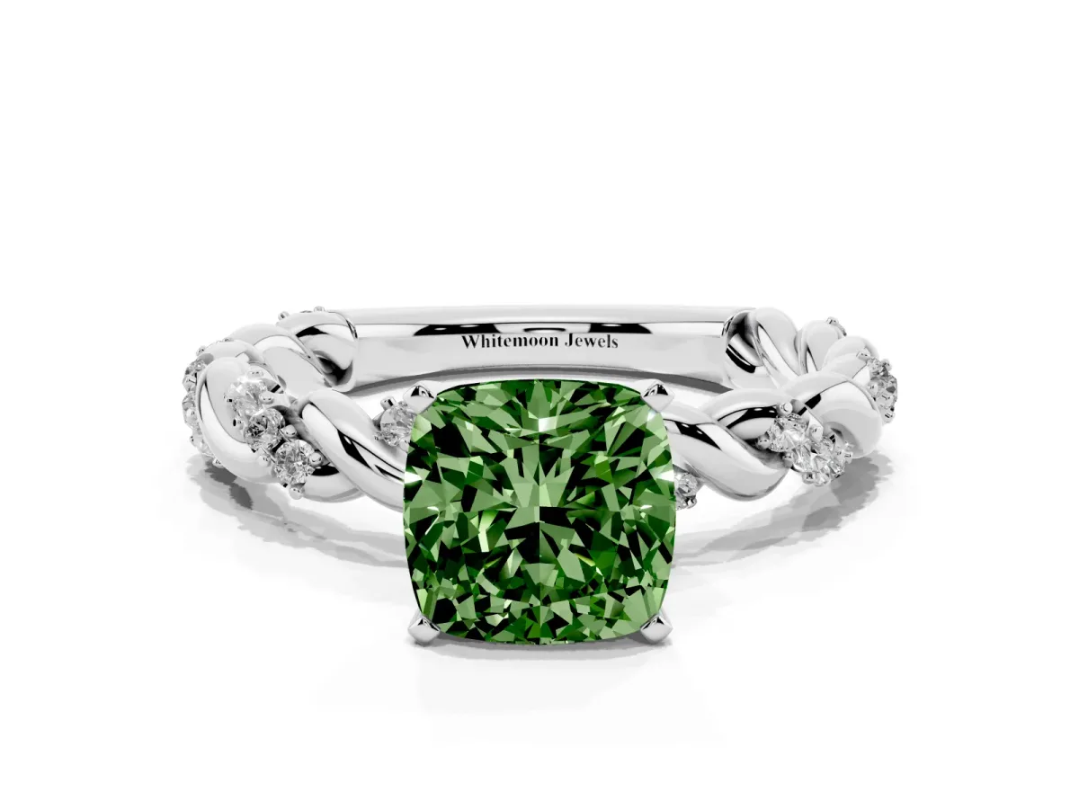 Fancy Green Cushion Cut Diamond Solitaire Ring with Twisted Band and Pavé Accents Silver