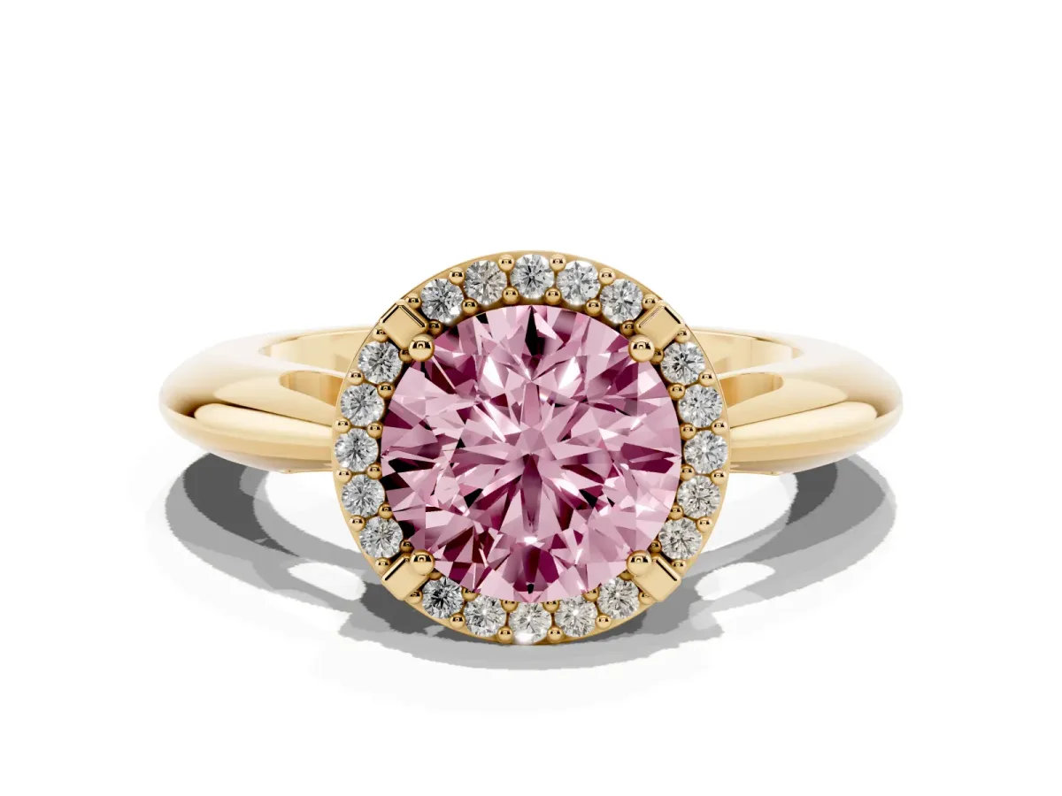 Fancy Pink Round Cut Cut Diamond Halo Engagement Ring with Split Shank and Four-Prong Setting Yellow gold