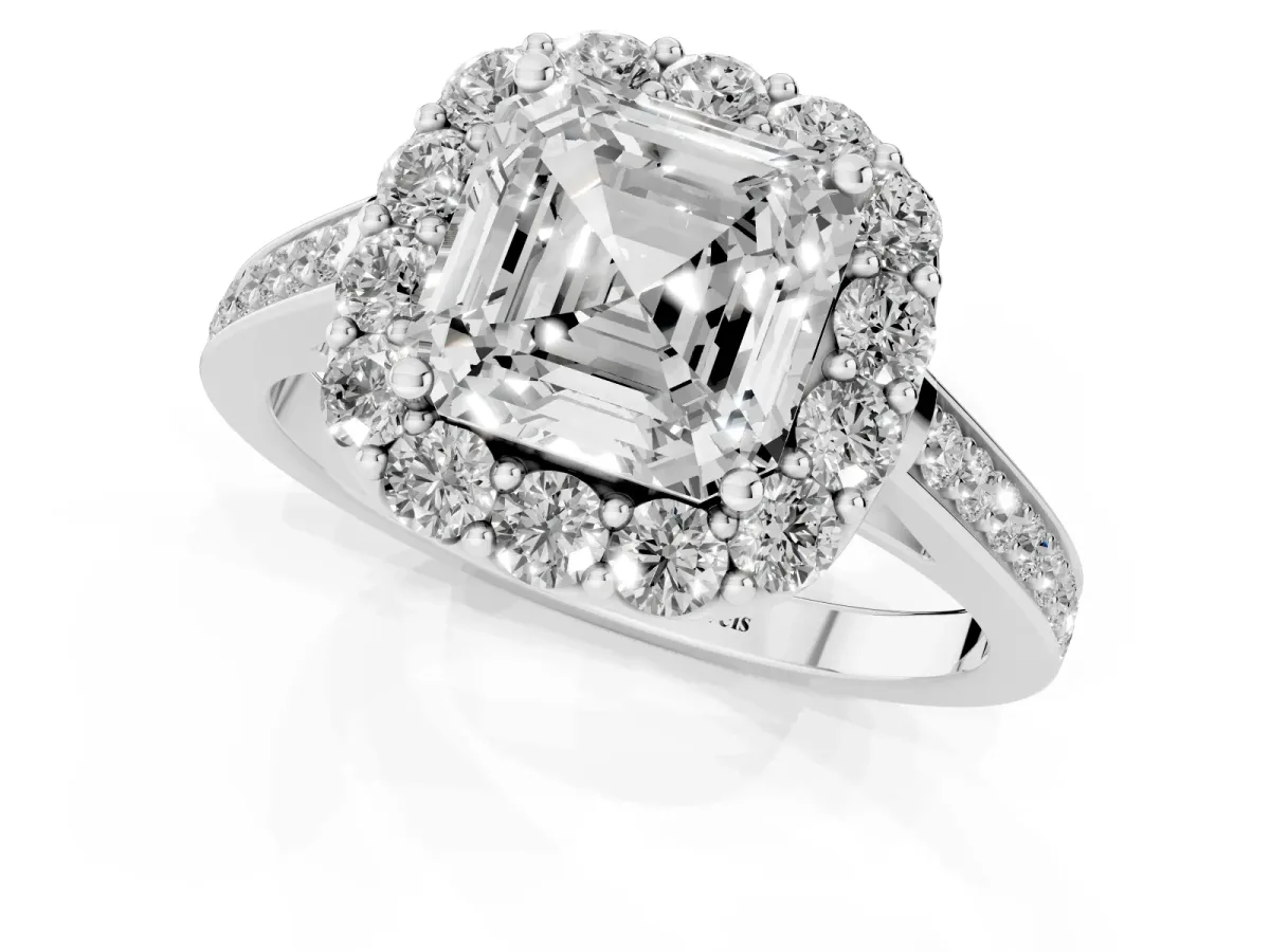 Asscher Cut Diamond Floral Halo Ring with Pavé Band and Prong Setting Platinum