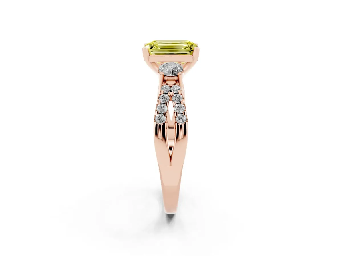 Fancy Yellow Emerald Cut Diamond Three-Stone Ring with Pavé Split Shank and Four-Prong Setting Rose gold