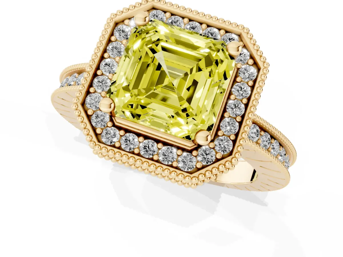 Fancy Yellow Asscher Cut Diamond Milgrain Halo Engagement Ring with Round Pavé Band and Prong Setting Yellow gold