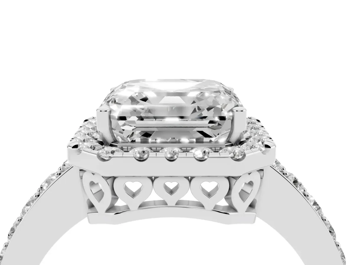 Asscher Cut Halo Diamond Pavé Band Ring with Prong Setting Silver