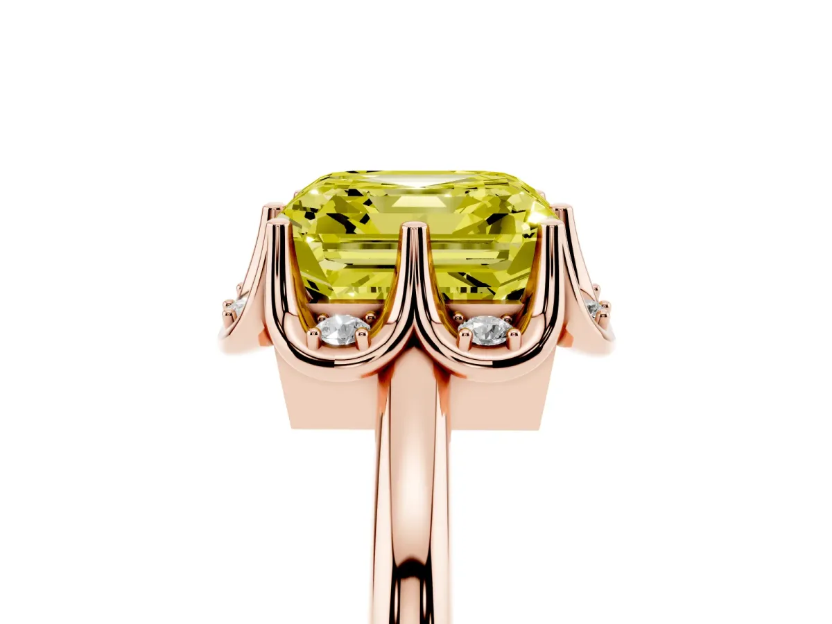 Fancy Yellow Asscher Cut Halo Diamond Ring with Round Cluster Setting, Solitaire Band, and Four-Prong Setting Rose gold