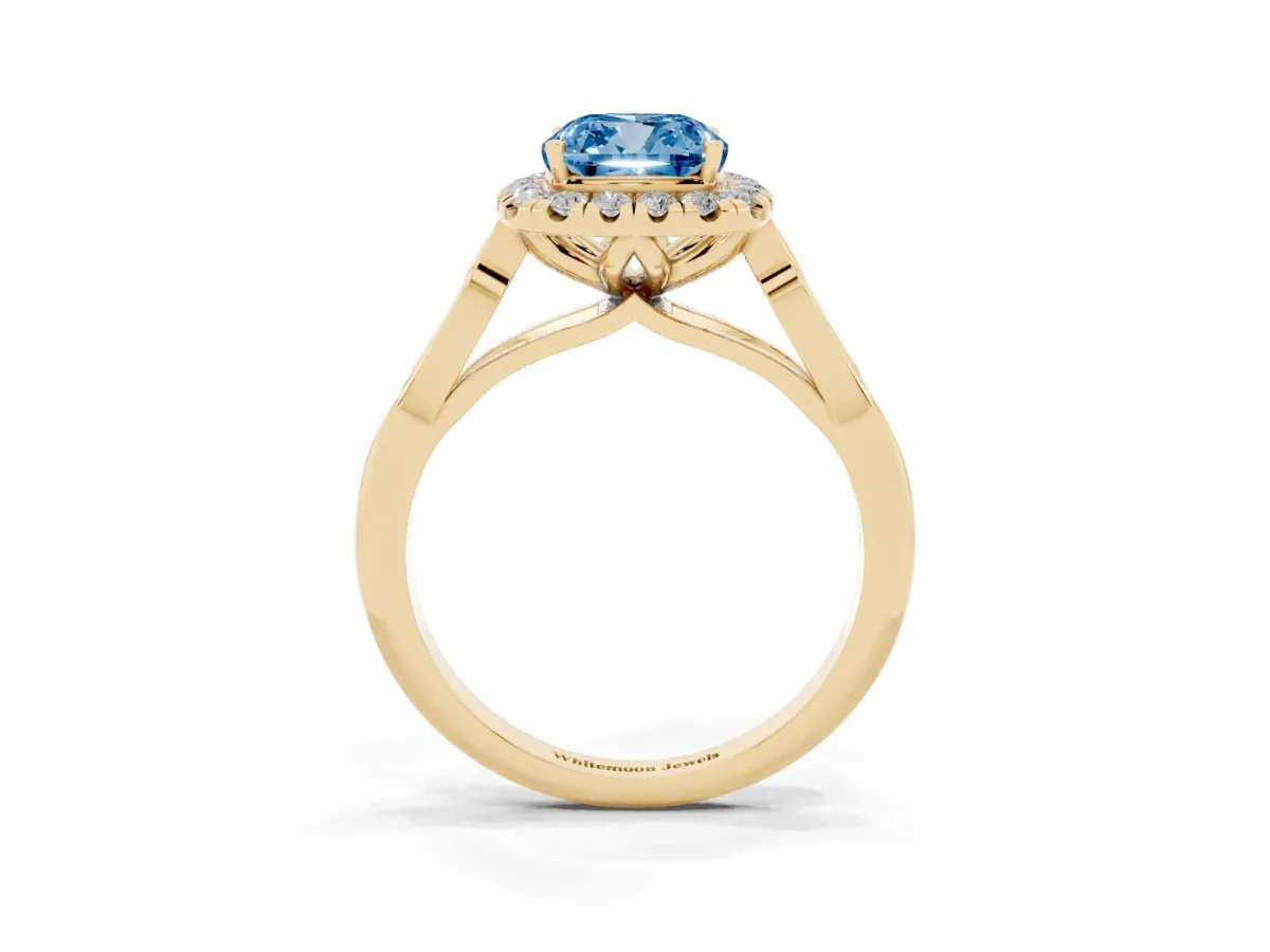 Fancy Blue Cushion Cut Halo Diamond Engagement Ring with Filigree Band and Four-Prong Setting Yellow gold