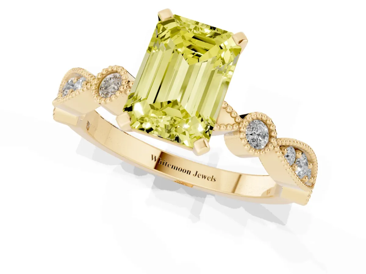 Fancy Yellow Emerald Cut Milgrain Bezel Diamond Engagement Ring with Solitaire Prong Setting Yellow gold
