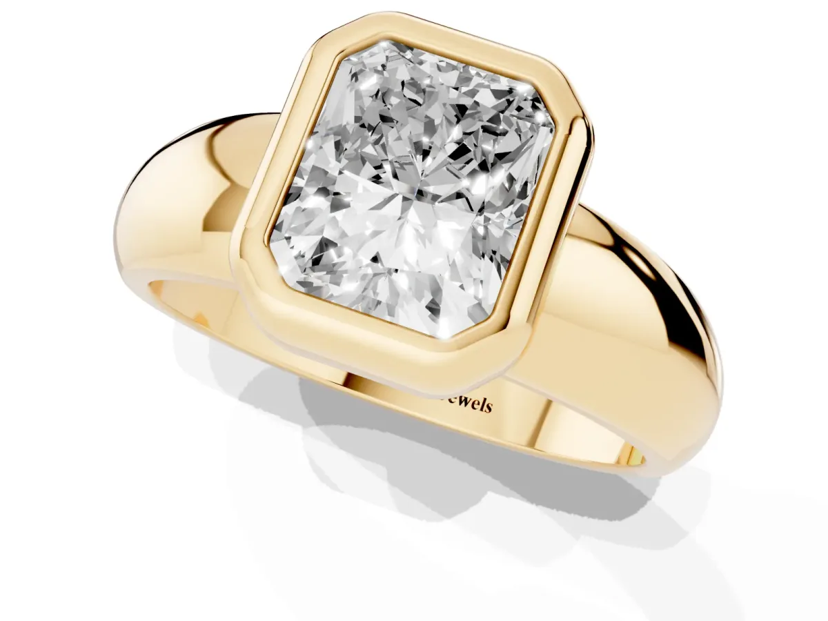 Bezel Set Radiant Cut Solitaire Ring with Wide Band Yellow gold