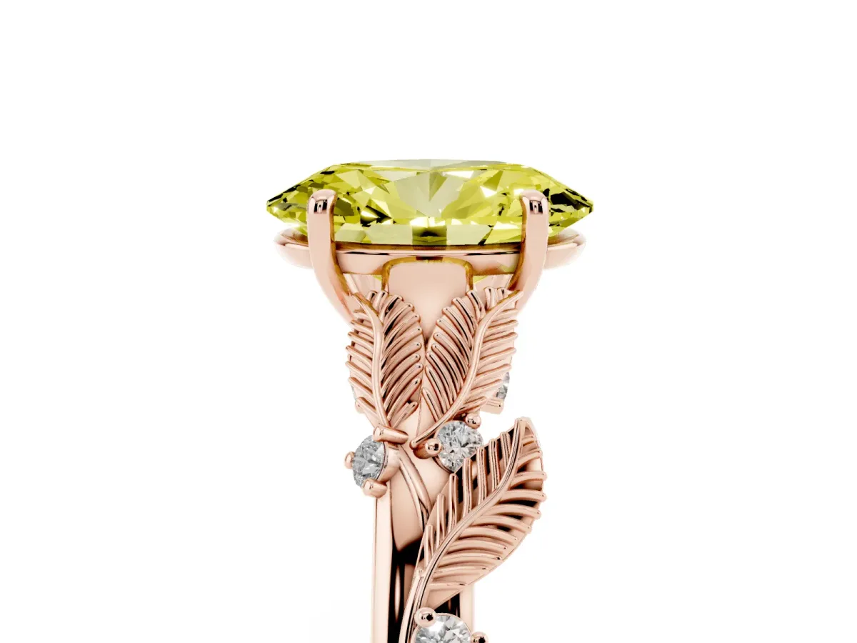 Fancy Yellow Oval Cut Diamond Solitaire Ring with Leaf Motif Band and Four-Prong Setting Rose gold