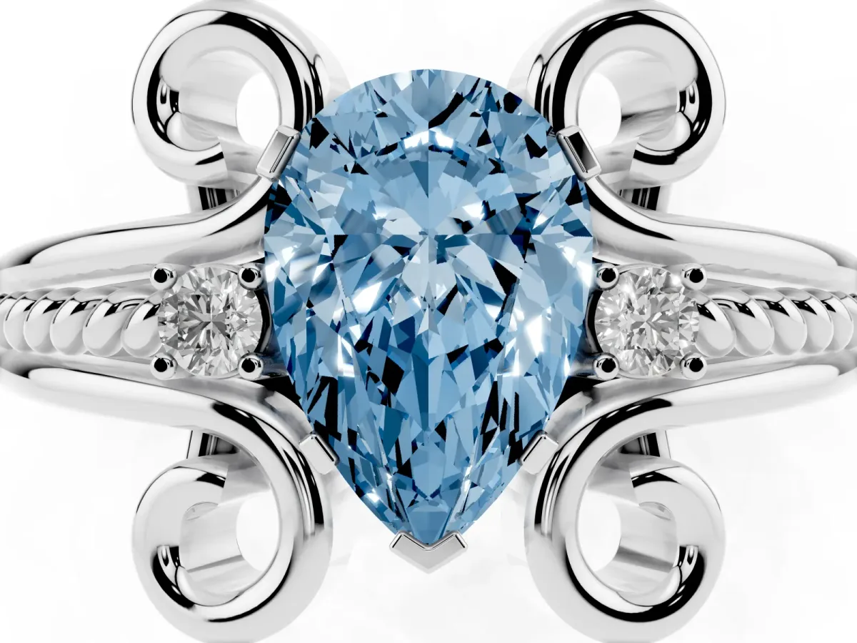 Fancy Blue Pear Cut Solitaire Twisted Band Scroll Prong Ring Platinum