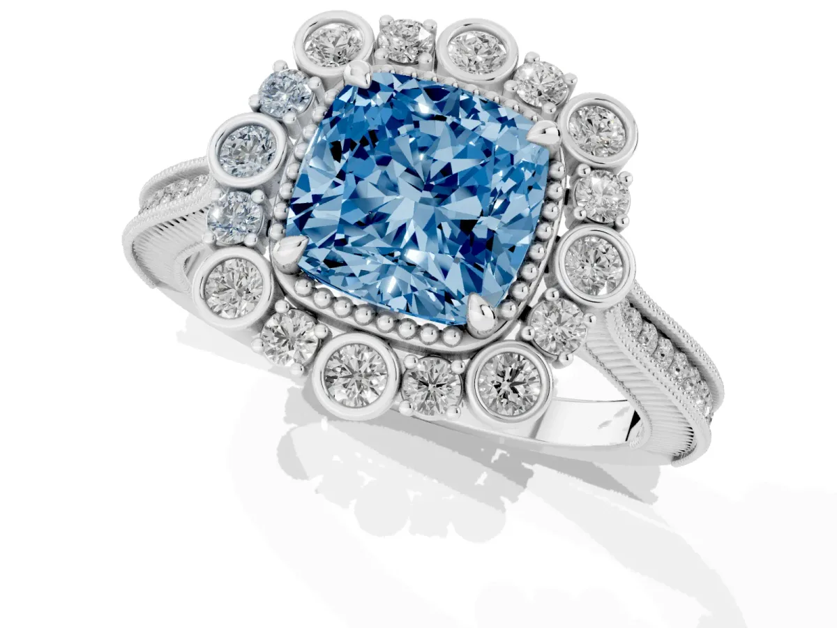 Fancy Blue Cushion Cut Halo Milgrain Pave Diamond Ring with Four-Prong Setting Silver